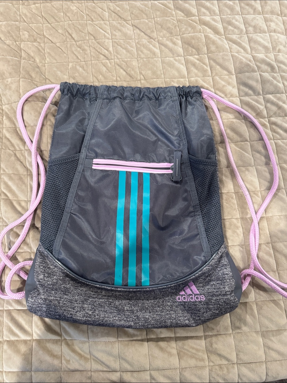adidas Charcoal Drawstring Backpack with Teal Stripes and Pink Accents